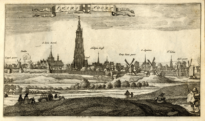 135354 Profiel van Amersfoort uit het zuidwesten met van links naar rechts de Koppelpoort, de Doelen, de St.-Joriskerk, ...